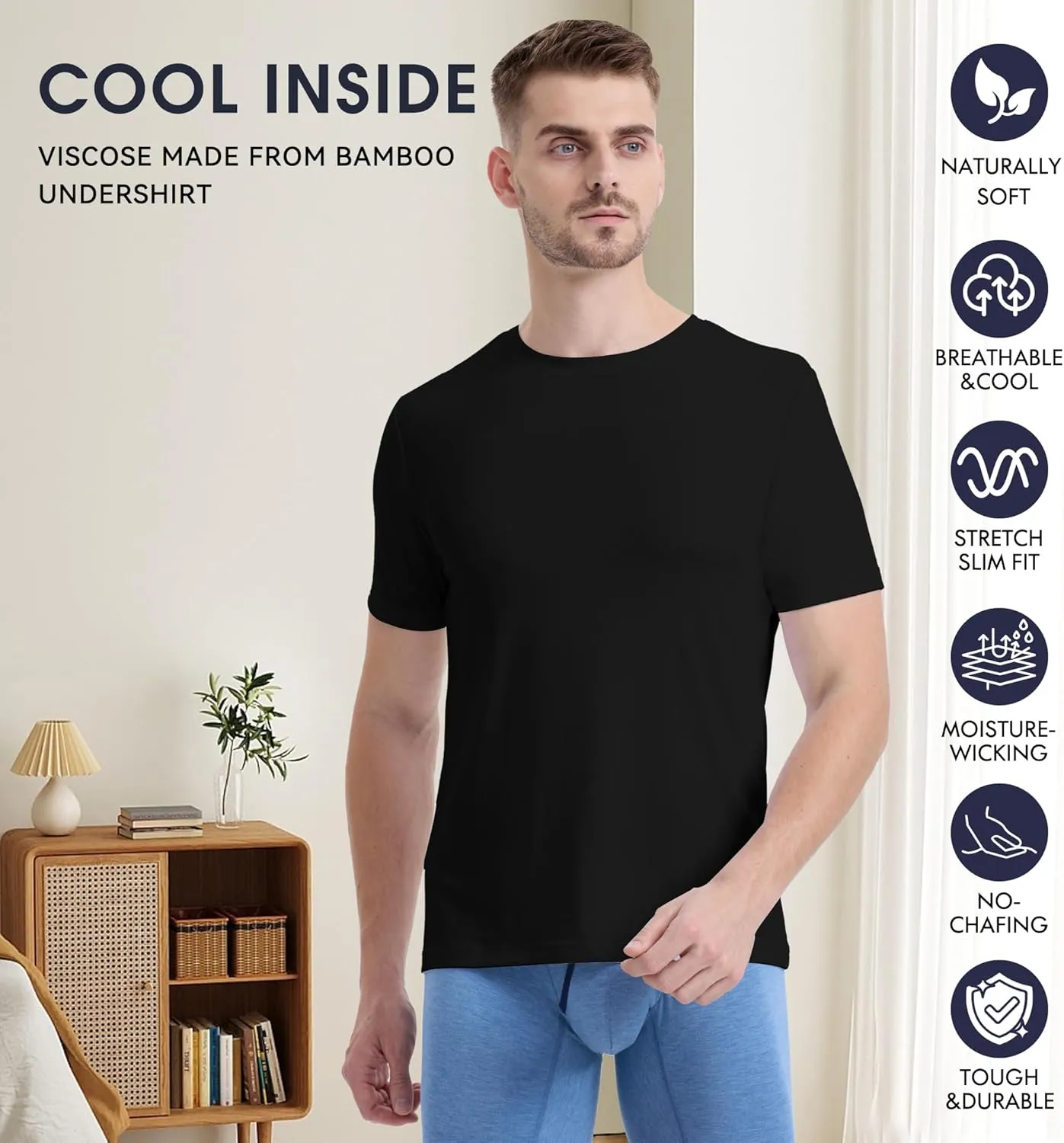 BAMBOO COOL Mens Undershirts Slim Fit V-Neck/Crewneck, Moisture-Wicking T-Shirts Soft Stretch White Tees for Men, 3 Pack