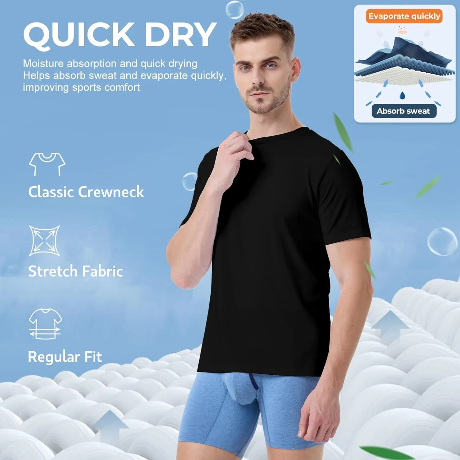 BAMBOO COOL Mens Undershirts Slim Fit V-Neck/Crewneck, Moisture-Wicking T-Shirts Soft Stretch White Tees for Men, 3 Pack