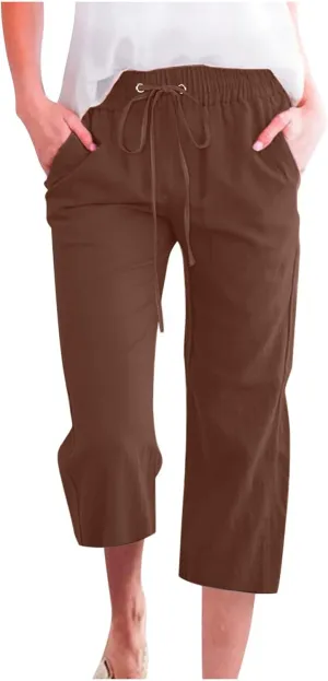 Capri Pants for Women Summer Linen Pants Drawstring Waisted Casual Loose Wide Leg Trousers Cropped Pants with Pockets