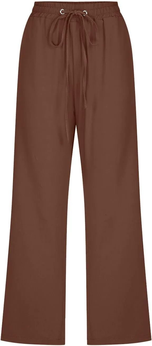Capri Pants for Women Summer Linen Pants Drawstring Waisted Casual Loose Wide Leg Trousers Cropped Pants with Pockets