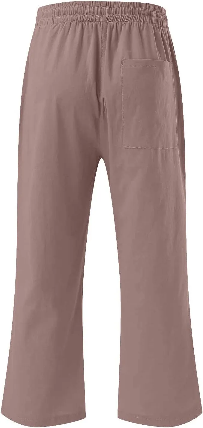 Capri Pants for Women Summer Linen Pants Drawstring Waisted Casual Loose Wide Leg Trousers Cropped Pants with Pockets