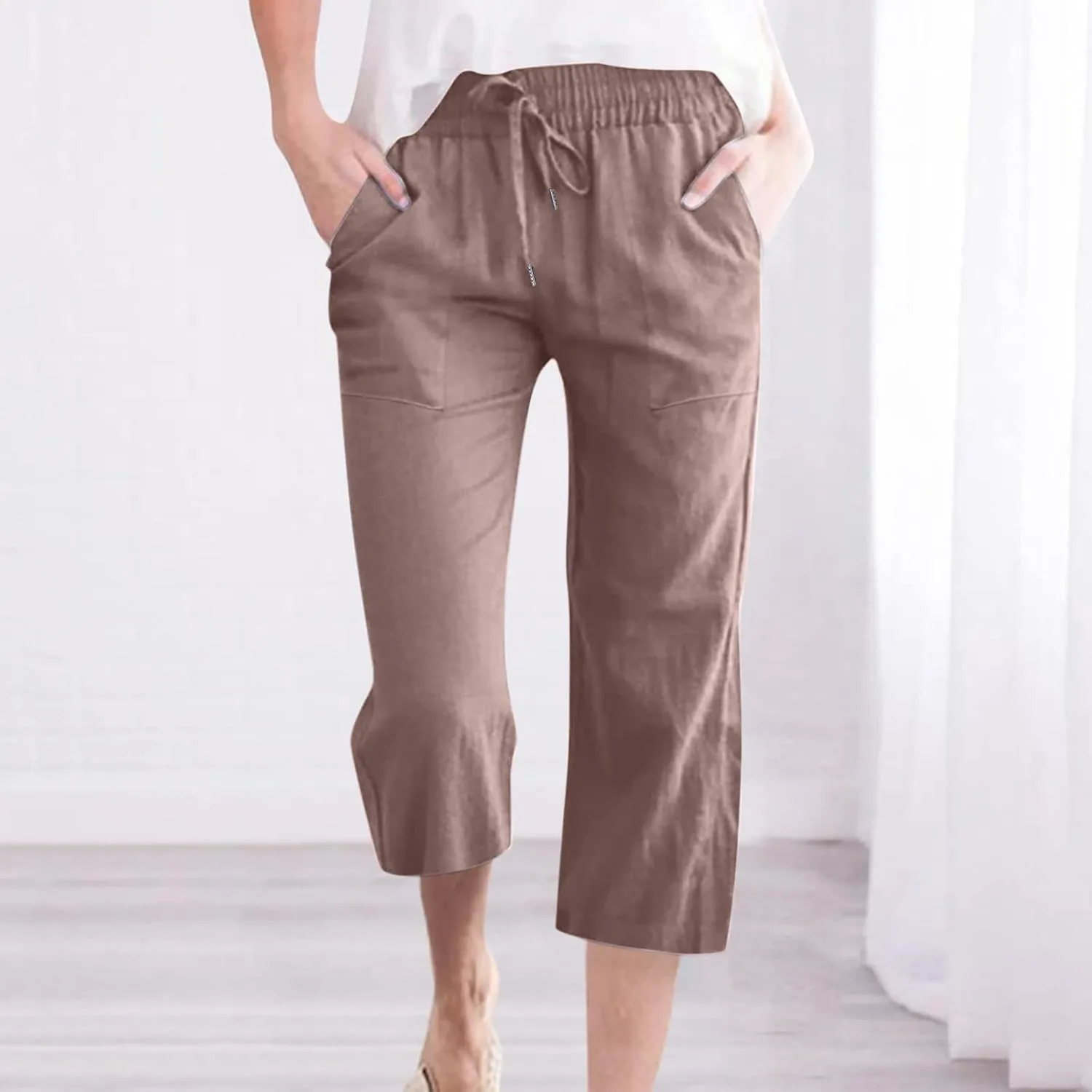 Capri Pants for Women Summer Linen Pants Drawstring Waisted Casual Loose Wide Leg Trousers Cropped Pants with Pockets