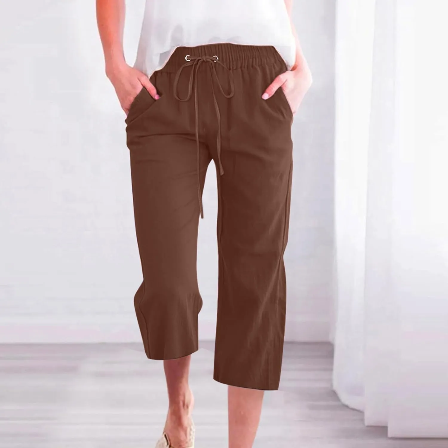 Capri Pants for Women Summer Linen Pants Drawstring Waisted Casual Loose Wide Leg Trousers Cropped Pants with Pockets