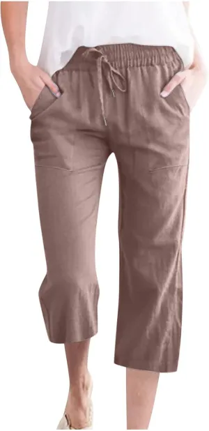 Capri Pants for Women Summer Linen Pants Drawstring Waisted Casual Loose Wide Leg Trousers Cropped Pants with Pockets