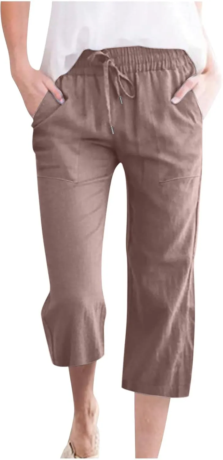Capri Pants for Women Summer Linen Pants Drawstring Waisted Casual Loose Wide Leg Trousers Cropped Pants with Pockets