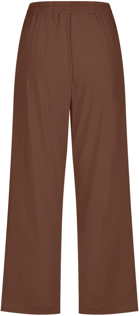 Capri Pants for Women Summer Linen Pants Drawstring Waisted Casual Loose Wide Leg Trousers Cropped Pants with Pockets