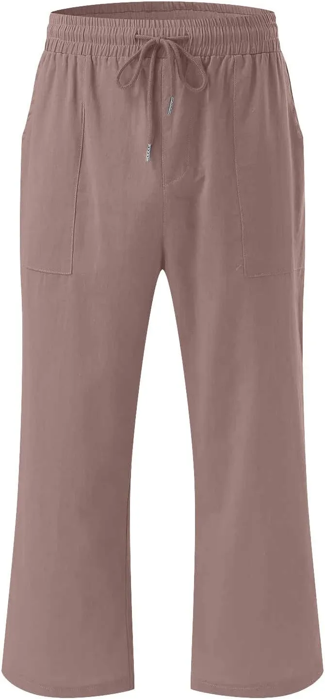 Capri Pants for Women Summer Linen Pants Drawstring Waisted Casual Loose Wide Leg Trousers Cropped Pants with Pockets