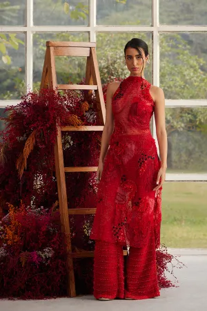 Crimson Glory Sheer Kurta with Sequin Scale-Knit Trousers
