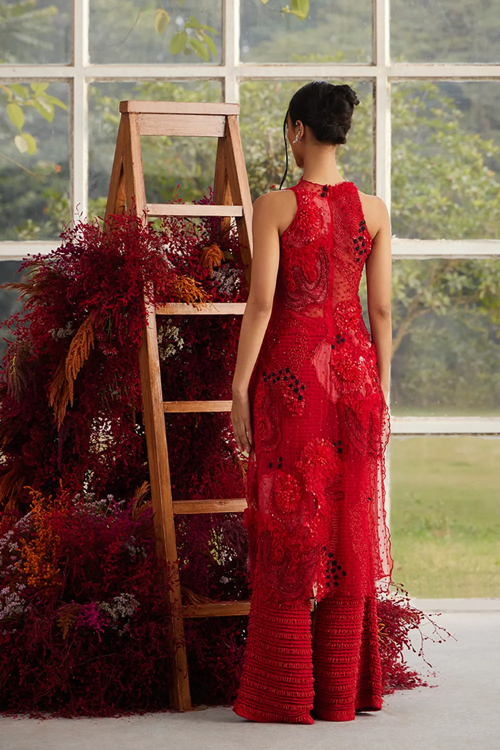 Crimson Glory Sheer Kurta with Sequin Scale-Knit Trousers