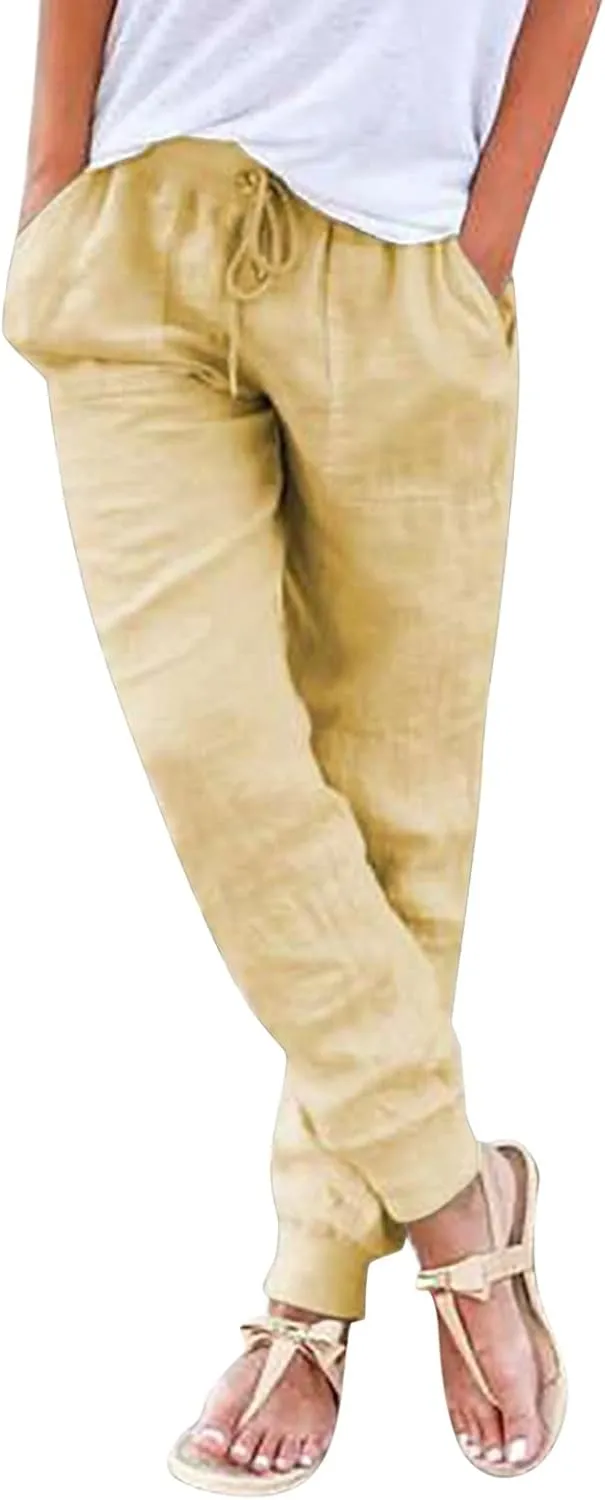 CRNTCEM Womens Straight Leg Beach Pants Slim Fit Travel Running Anckle Pant Workout Sweatpants Casual Cotton Linen Pants