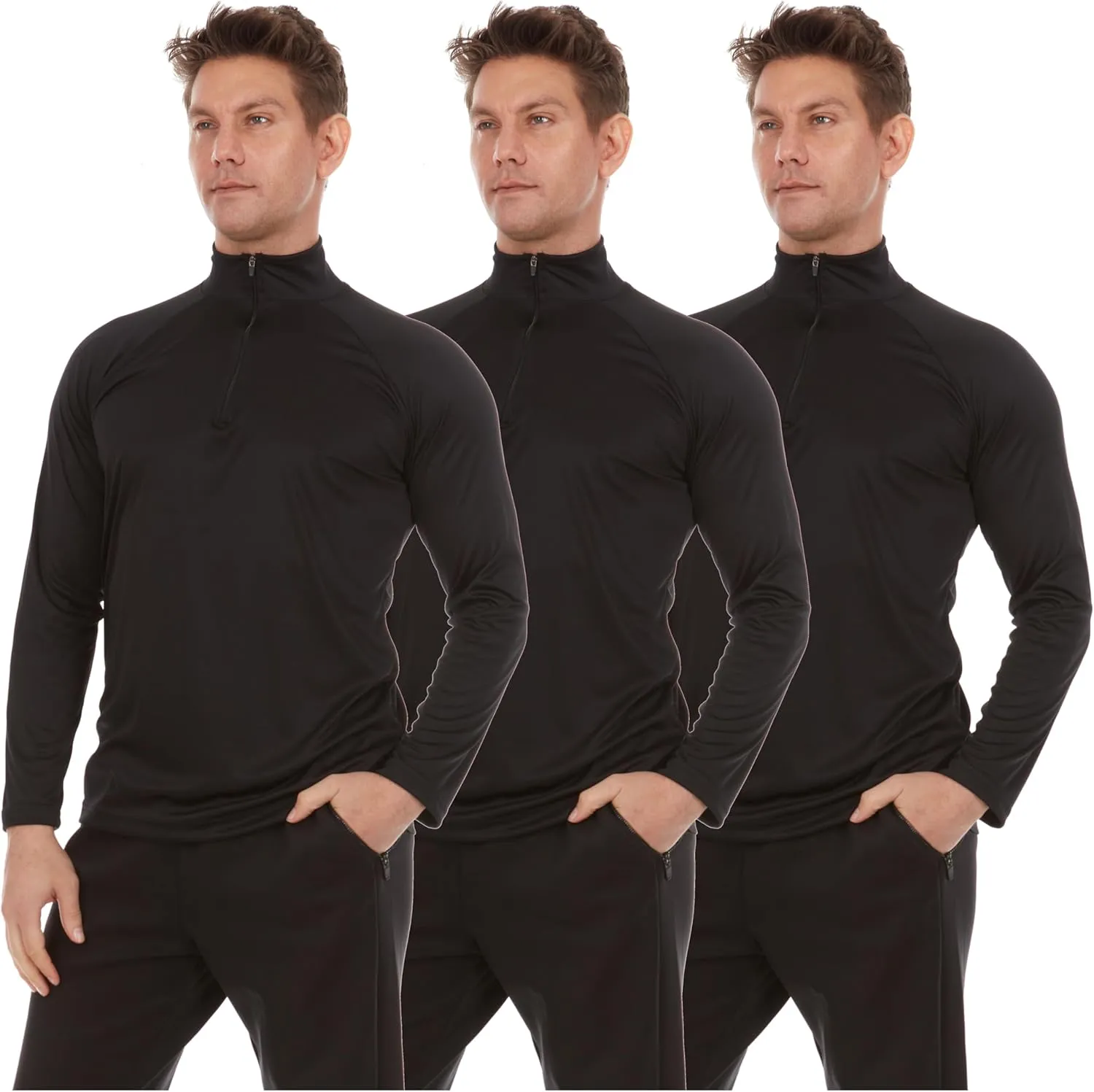 DARESAY Men's Dri-Fit Quarter Zip Long Sleeve Moisture Wicking Pullover, Athletic Quick Dry Tees 3-Pack (Up to 3XL)