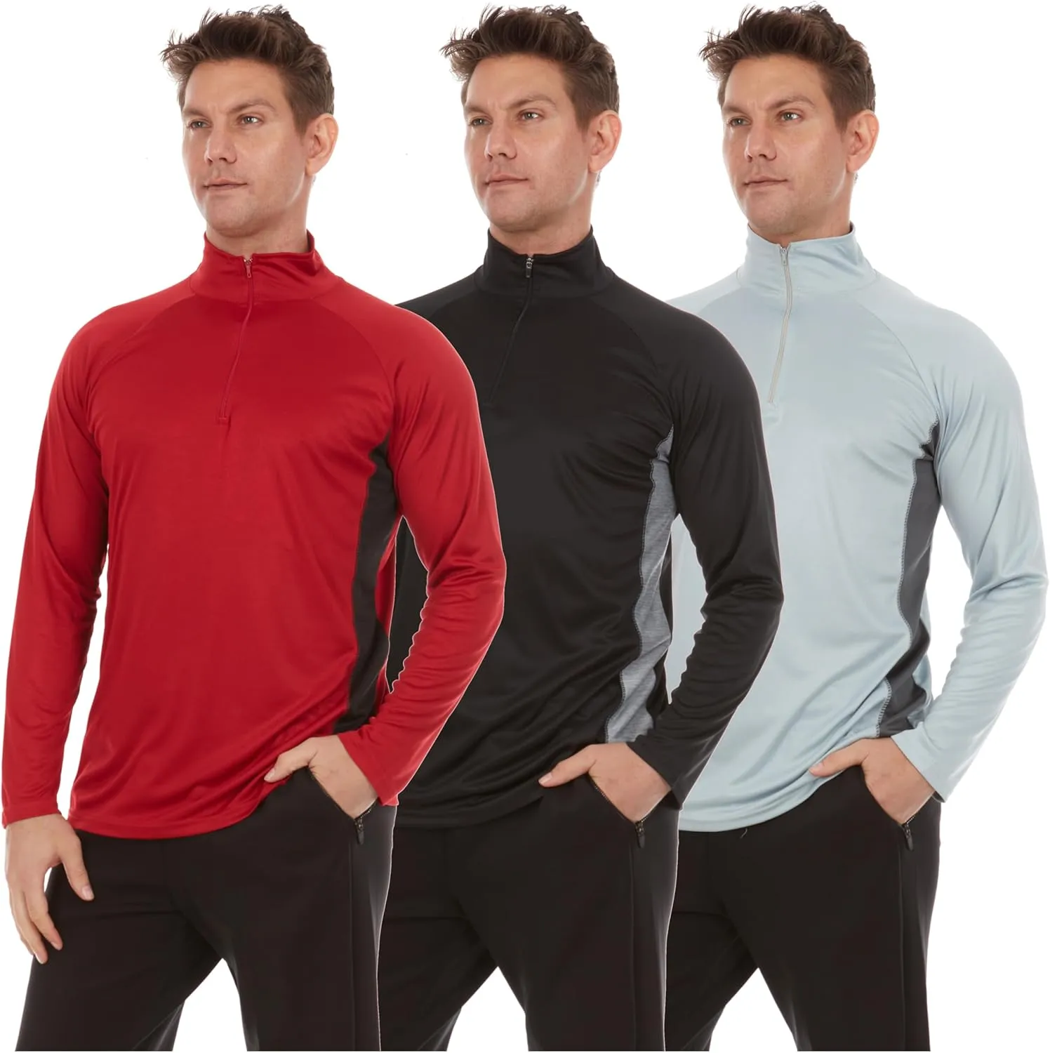DARESAY Men's Dri-Fit Quarter Zip Long Sleeve Moisture Wicking Pullover, Athletic Quick Dry Tees 3-Pack (Up to 3XL)