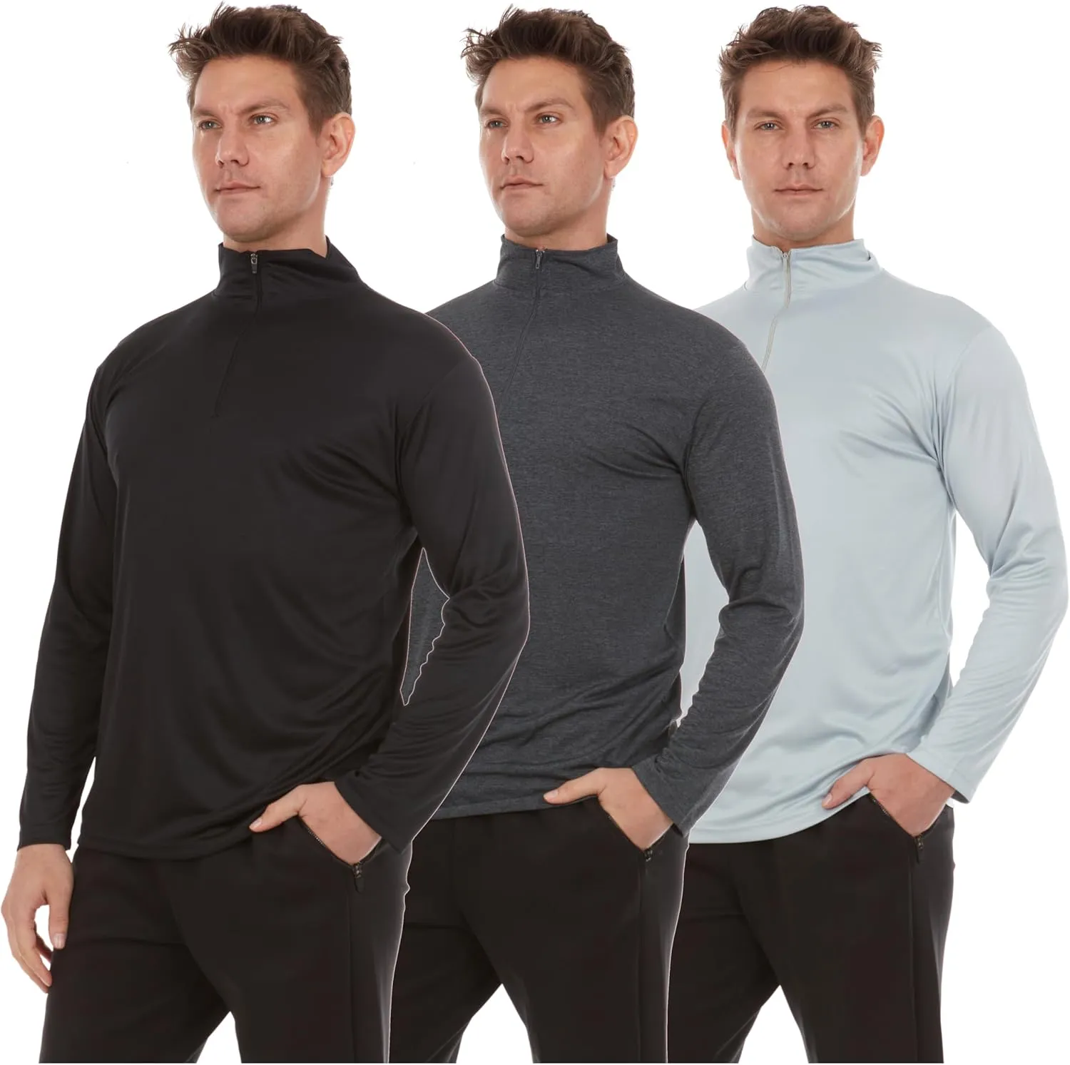 DARESAY Men's Dri-Fit Quarter Zip Long Sleeve Moisture Wicking Pullover, Athletic Quick Dry Tees 3-Pack (Up to 3XL)