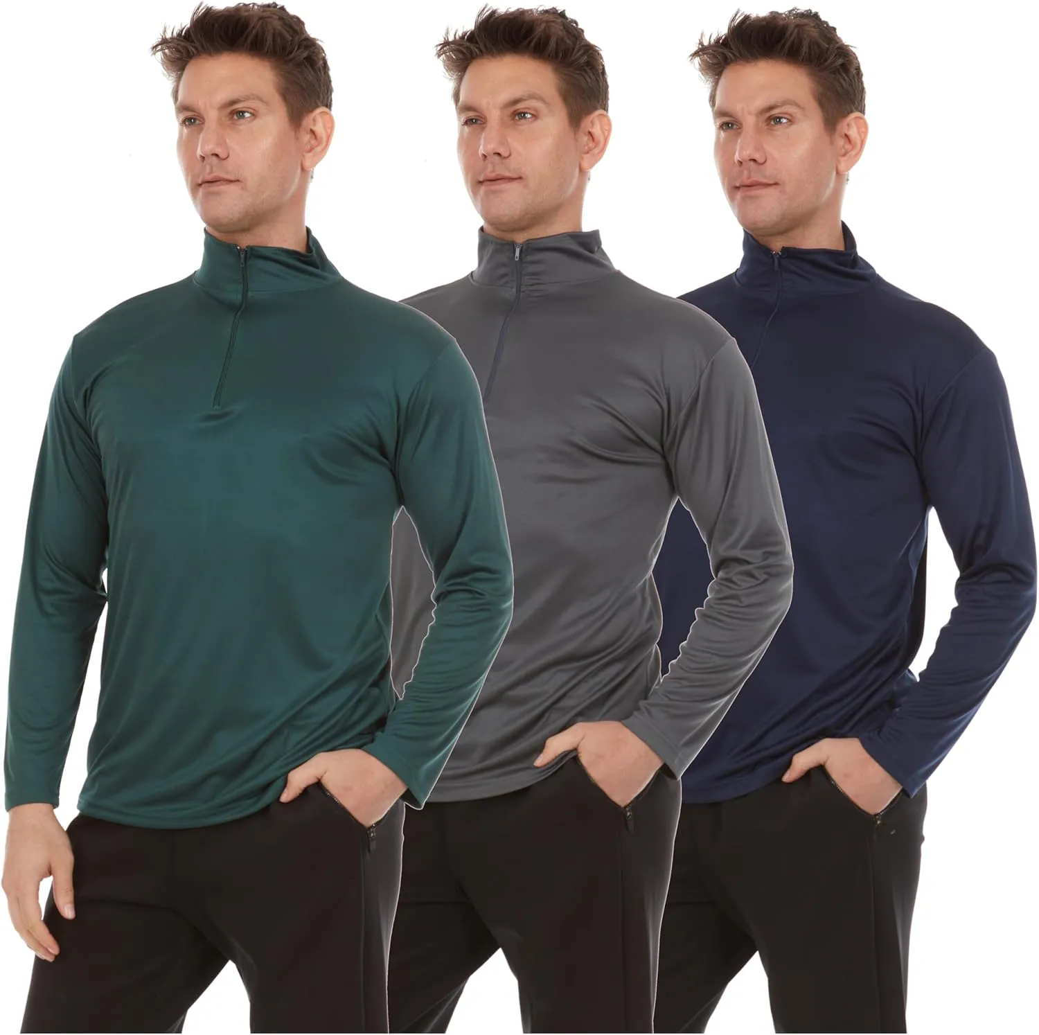 DARESAY Men's Dri-Fit Quarter Zip Long Sleeve Moisture Wicking Pullover, Athletic Quick Dry Tees 3-Pack (Up to 3XL)