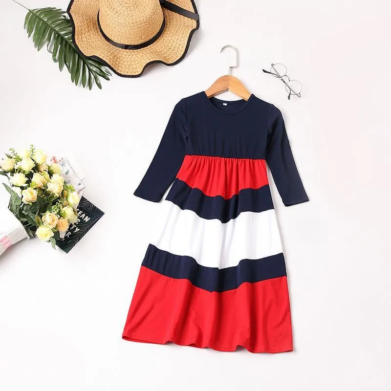 Dark Blue Long-sleeve Stitching Striped Matching Dresses