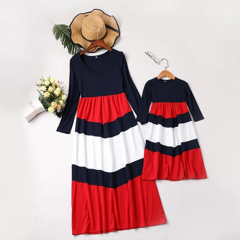 Dark Blue Long-sleeve Stitching Striped Matching Dresses