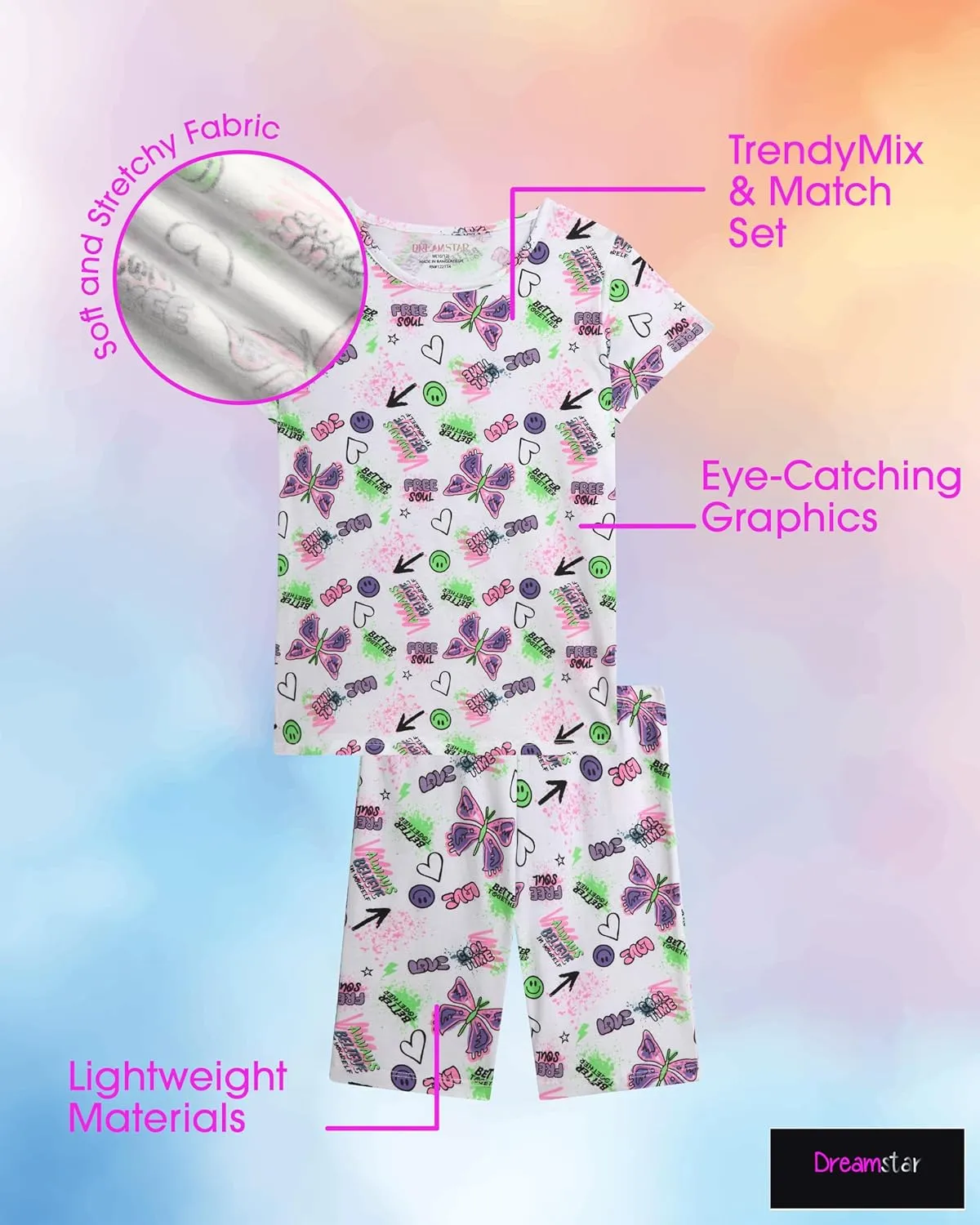 Dreamstar Girls Active Shorts Set - 6 Piece Fashion T-Shirts and Performance Bike Shorts - Summer Outfit for Girls (7-16)