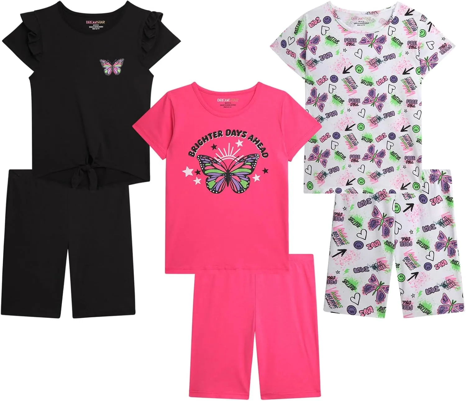 Dreamstar Girls Active Shorts Set - 6 Piece Fashion T-Shirts and Performance Bike Shorts - Summer Outfit for Girls (7-16)