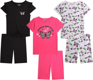 Dreamstar Girls Active Shorts Set - 6 Piece Fashion T-Shirts and Performance Bike Shorts - Summer Outfit for Girls (7-16)