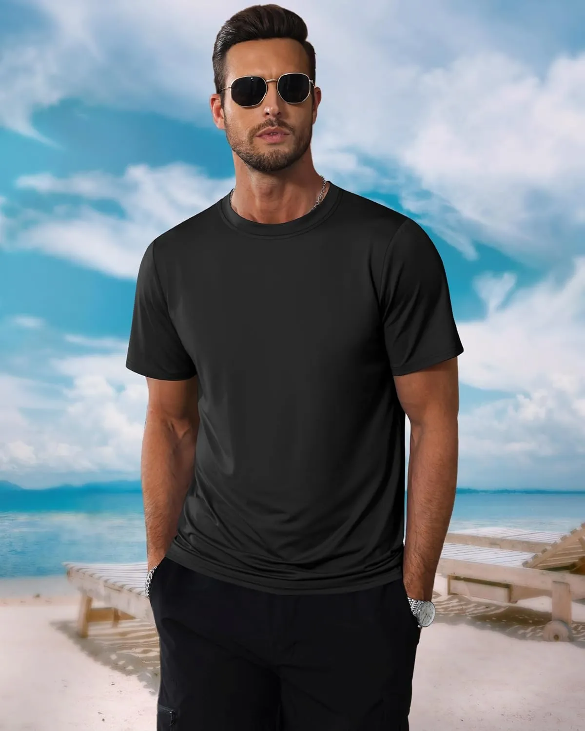 Ficerd 3 Pack Swim Shirts for Men Short Sleeve Quick Dry Shirts Crew Neck Rash Guard UV Athletic Lightweight Basics Tees