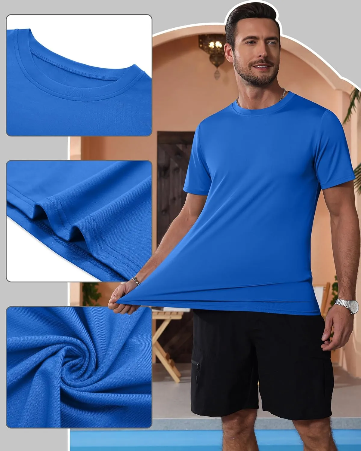 Ficerd 3 Pack Swim Shirts for Men Short Sleeve Quick Dry Shirts Crew Neck Rash Guard UV Athletic Lightweight Basics Tees