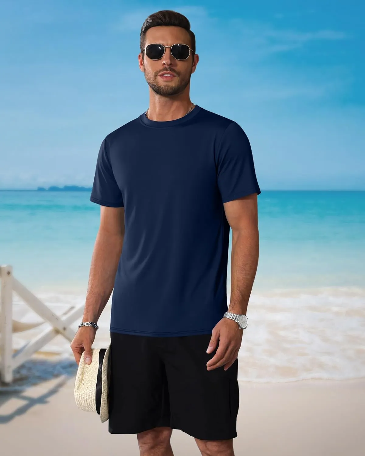 Ficerd 3 Pack Swim Shirts for Men Short Sleeve Quick Dry Shirts Crew Neck Rash Guard UV Athletic Lightweight Basics Tees