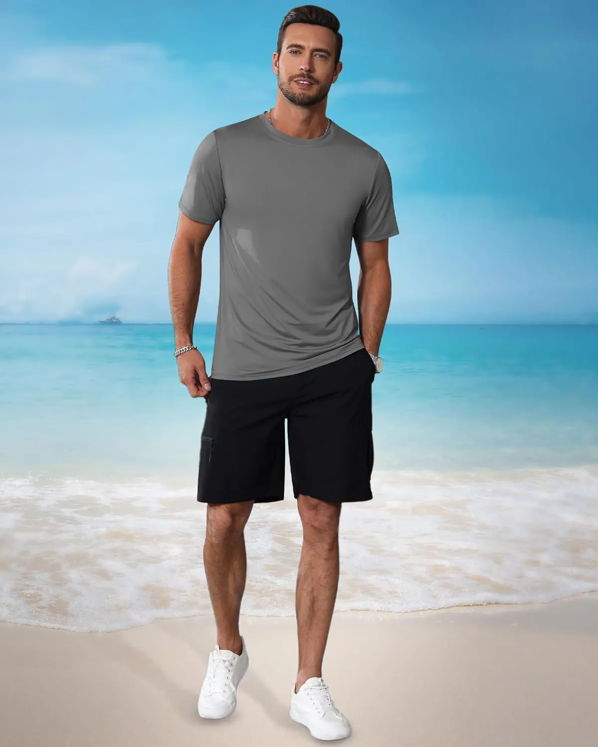 Ficerd 3 Pack Swim Shirts for Men Short Sleeve Quick Dry Shirts Crew Neck Rash Guard UV Athletic Lightweight Basics Tees