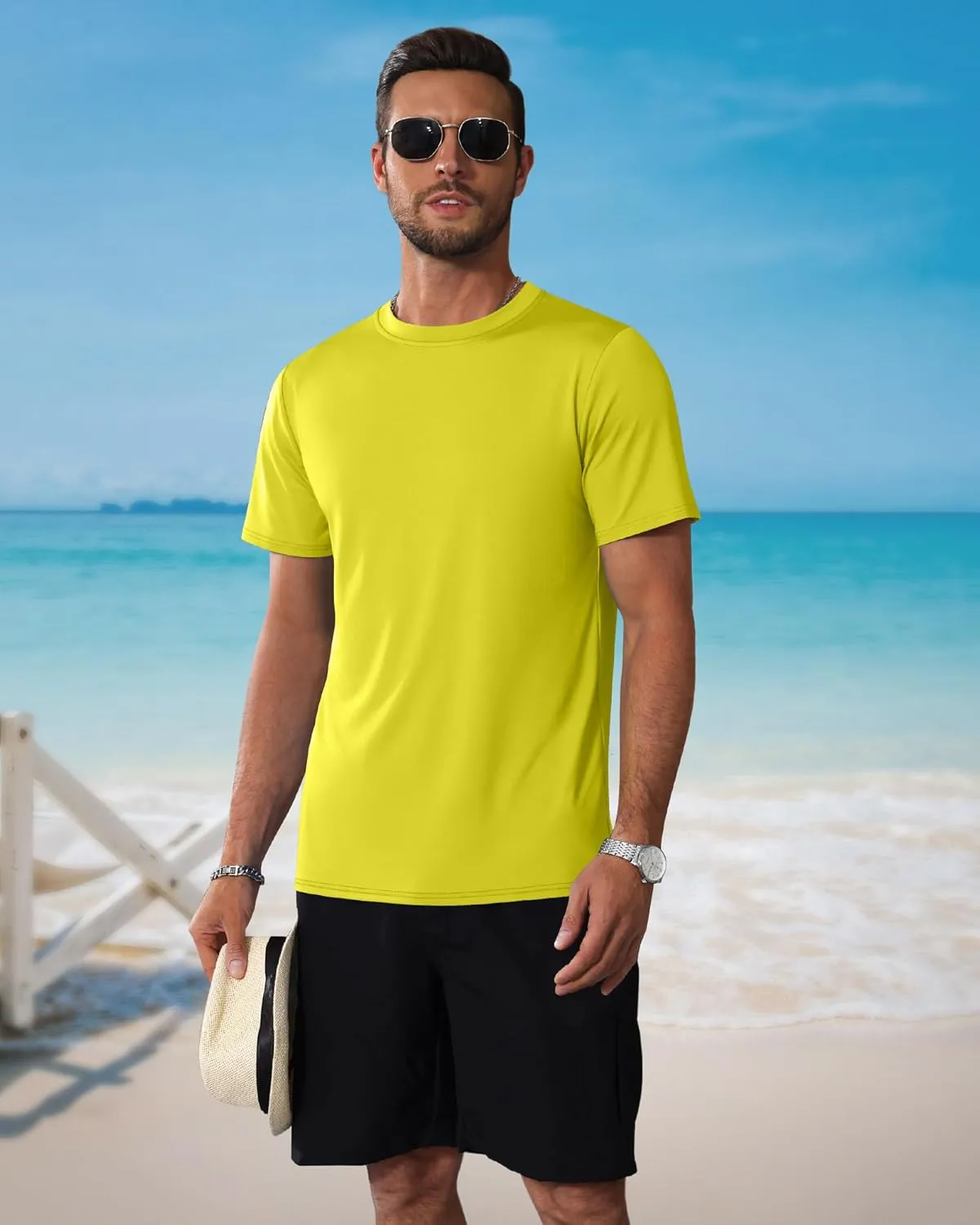Ficerd 3 Pack Swim Shirts for Men Short Sleeve Quick Dry Shirts Crew Neck Rash Guard UV Athletic Lightweight Basics Tees