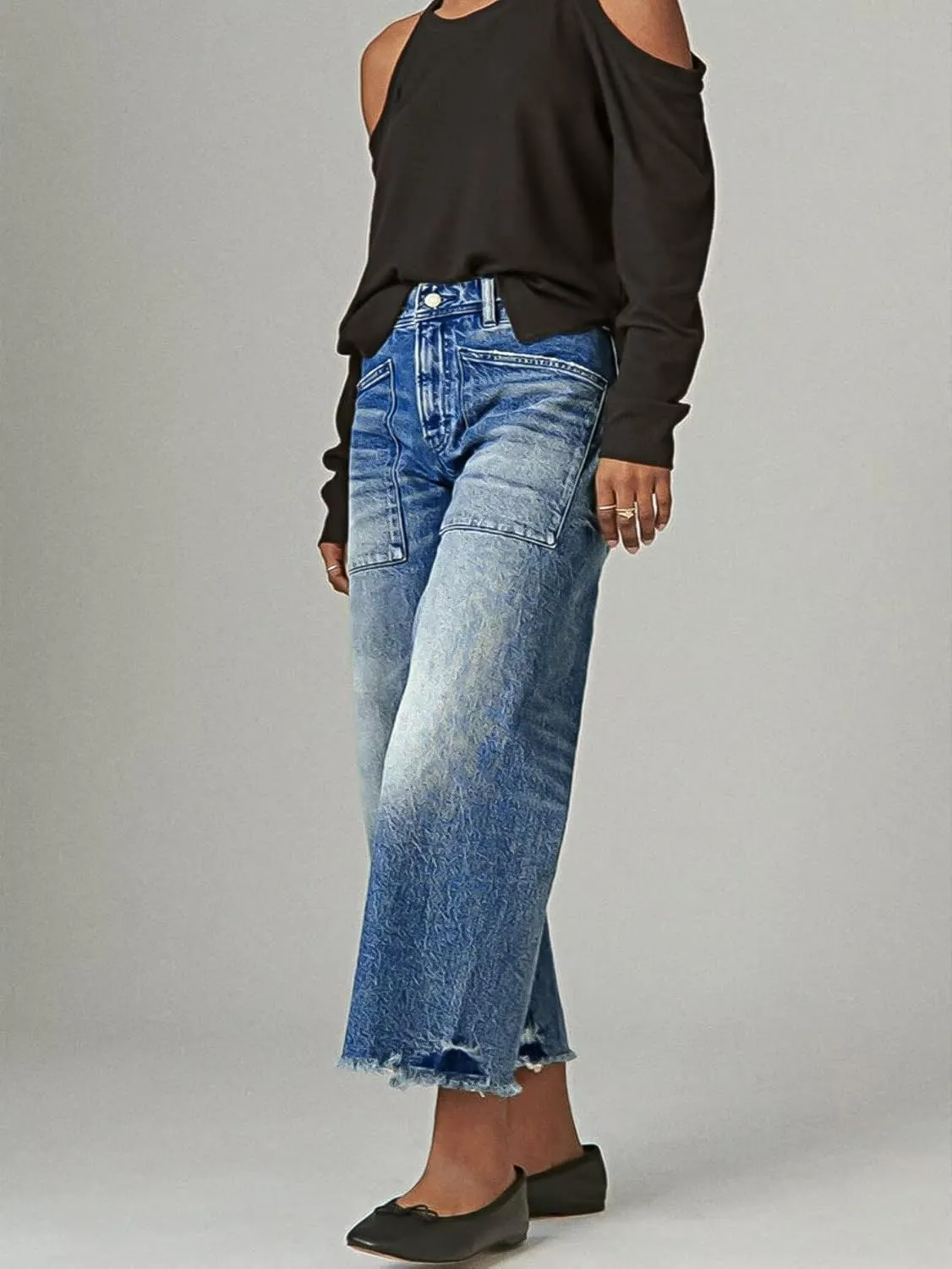 Flamingals High Waisted Wide Leg Cropped Jeans for Women Raw Hem Baggy Jeans Ankle Pants with Patch Pockets