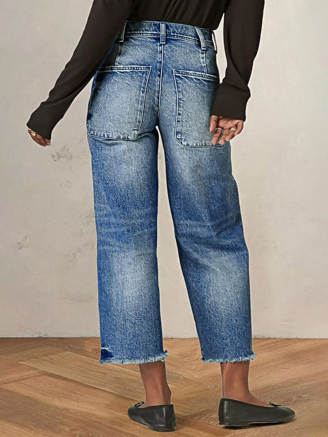 Flamingals High Waisted Wide Leg Cropped Jeans for Women Raw Hem Baggy Jeans Ankle Pants with Patch Pockets