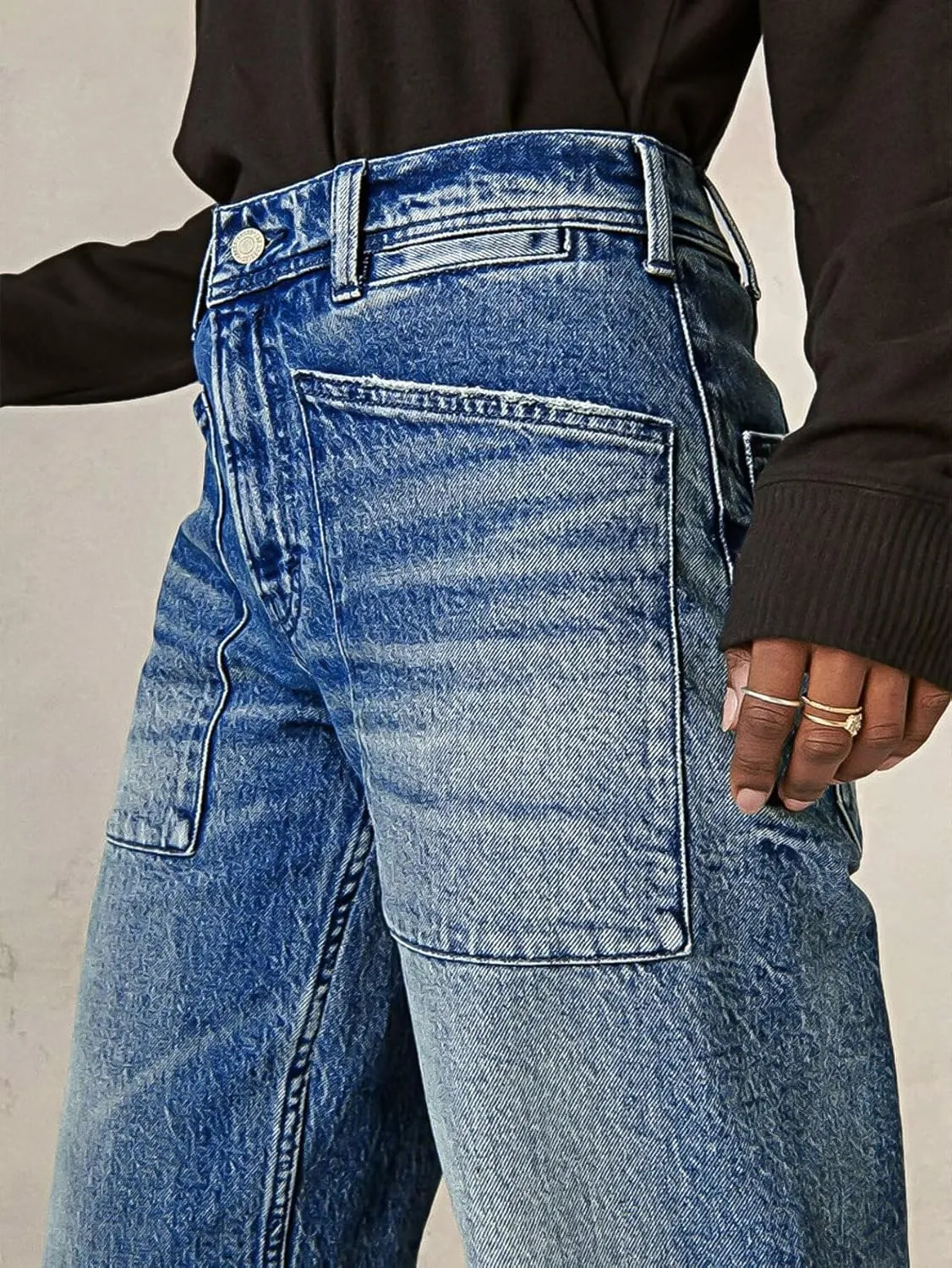 Flamingals High Waisted Wide Leg Cropped Jeans for Women Raw Hem Baggy Jeans Ankle Pants with Patch Pockets