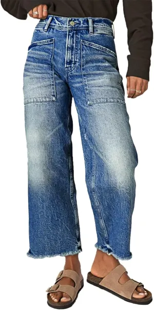 Flamingals High Waisted Wide Leg Cropped Jeans for Women Raw Hem Baggy Jeans Ankle Pants with Patch Pockets