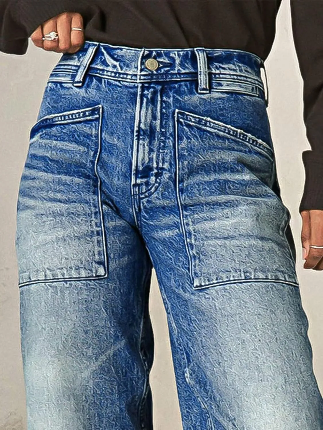 Flamingals High Waisted Wide Leg Cropped Jeans for Women Raw Hem Baggy Jeans Ankle Pants with Patch Pockets