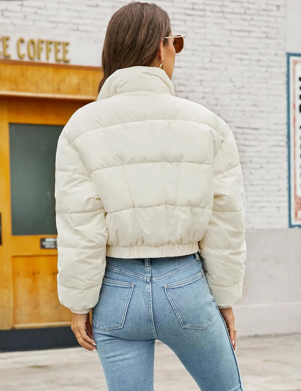 Flygo Women's Cropped Puffer Jacket Zip Up Stand Collar Padded Winter Down Coat