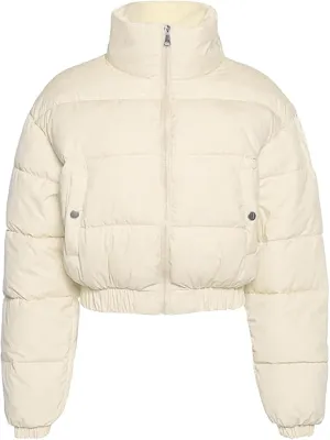 Flygo Women's Cropped Puffer Jacket Zip Up Stand Collar Padded Winter Down Coat