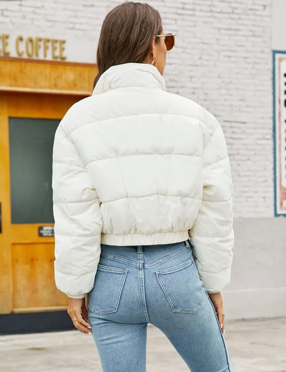 Flygo Women's Cropped Puffer Jacket Zip Up Stand Collar Padded Winter Down Coat