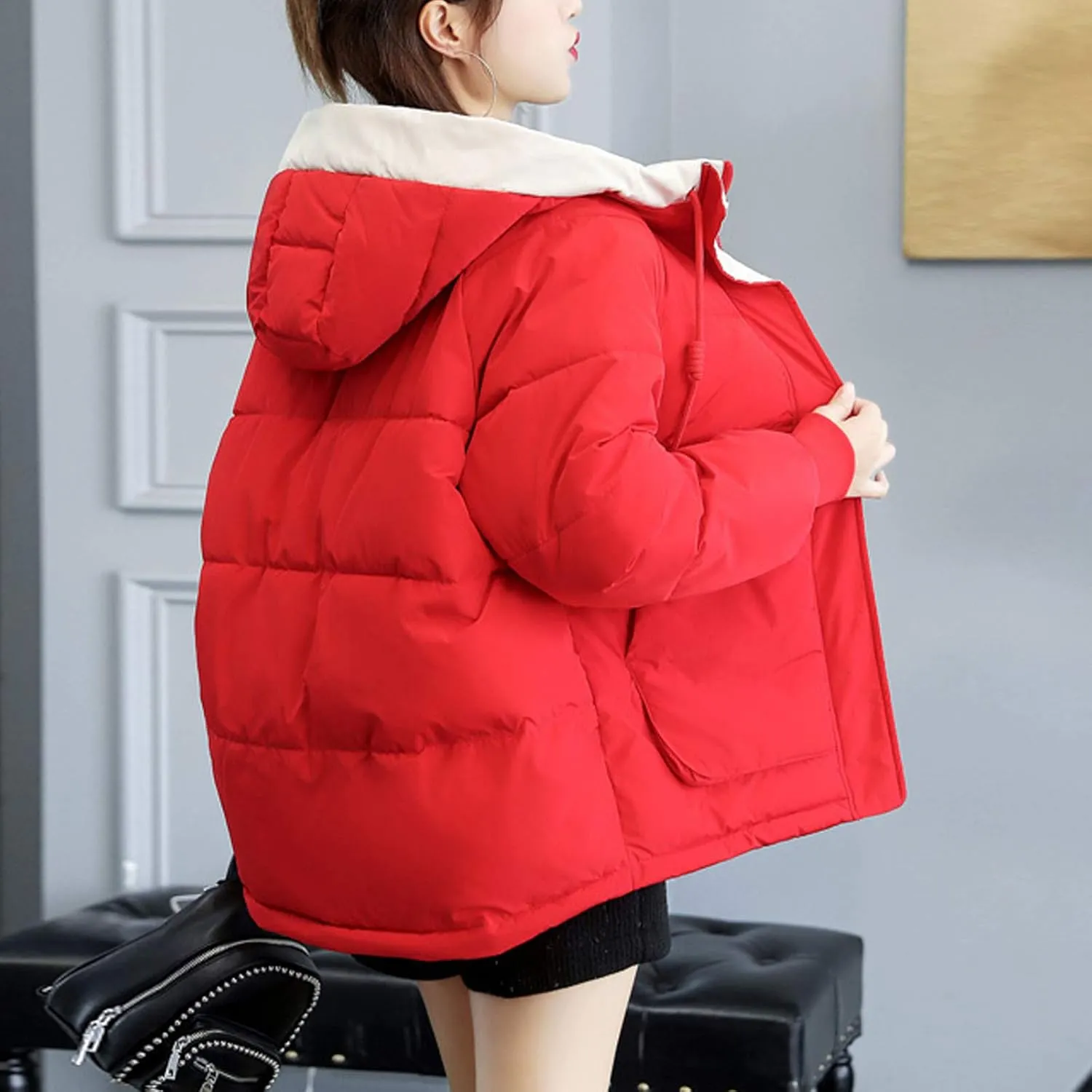 Flygo Women's Thickened Winter Warm Down Jacket Loose Hooded Padded Coat Outerwear