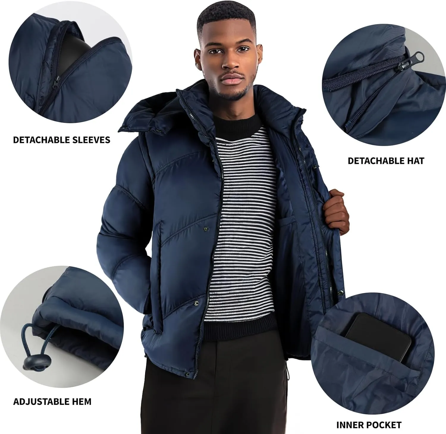 GINGTTO Men's Insulated Puffer Jackets with Detatchable Sleeves & Hood, Thermal Waterproof Coats for Men