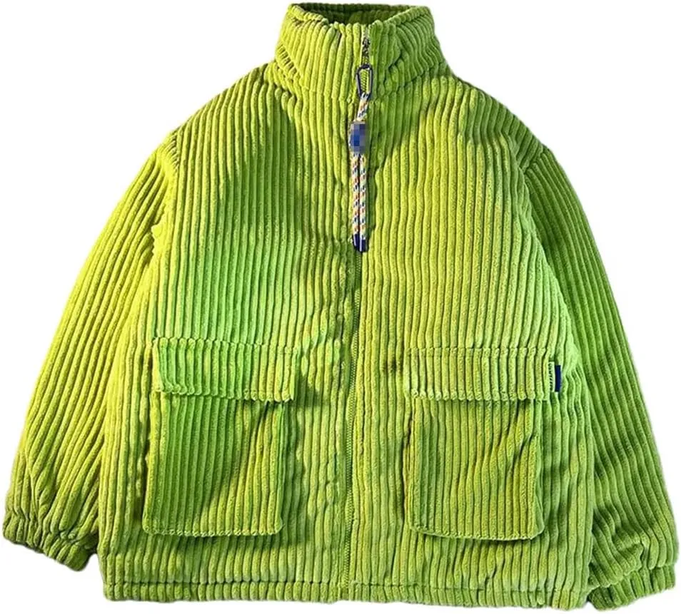 Haitpant Men's Cotton Padded Jacket Winter Corduroy Padded Coats Loose Stand-Up Collar Thickened Zipper Solid Outerwear