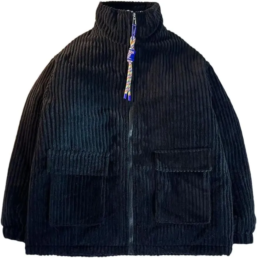 Haitpant Men's Cotton Padded Jacket Winter Corduroy Padded Coats Loose Stand-Up Collar Thickened Zipper Solid Outerwear