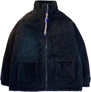 Haitpant Men's Cotton Padded Jacket Winter Corduroy Padded Coats Loose Stand-Up Collar Thickened Zipper Solid Outerwear