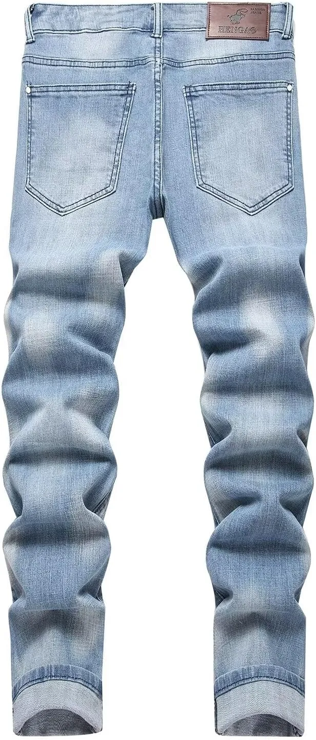 HENGAO Men's Ripped Jeans Slim Fit Stretch Straight Fit Denim Pants