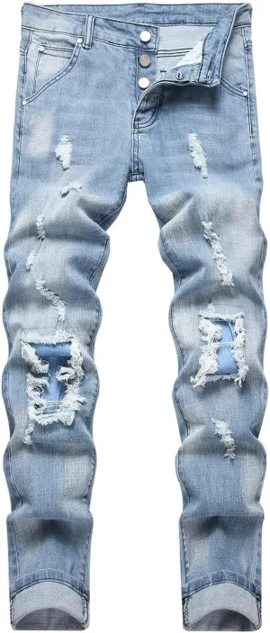 HENGAO Men's Ripped Jeans Slim Fit Stretch Straight Fit Denim Pants