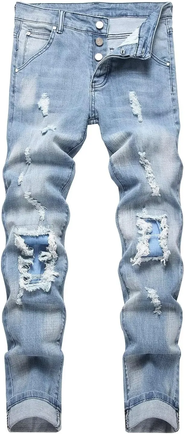 HENGAO Men's Ripped Jeans Slim Fit Stretch Straight Fit Denim Pants