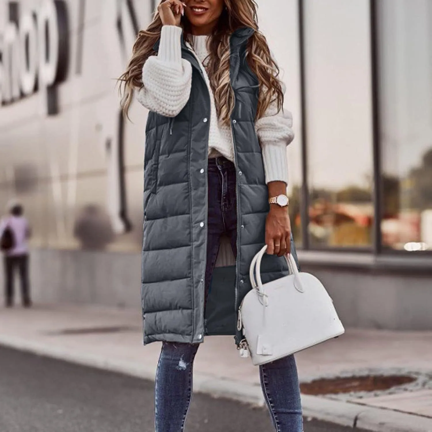 iLH Womens Sleeveless Long Coat Cotton Padded Full Zip Hooded Extra Long Vest with Pocket Windbreaker Jacket Coat for Women