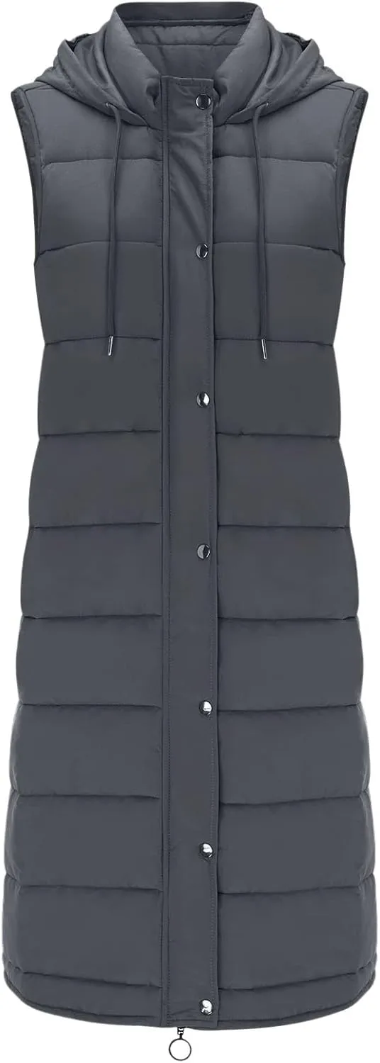 iLH Womens Sleeveless Long Coat Cotton Padded Full Zip Hooded Extra Long Vest with Pocket Windbreaker Jacket Coat for Women