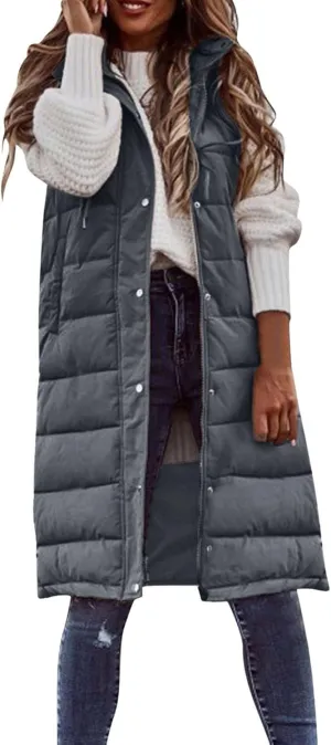 iLH Womens Sleeveless Long Coat Cotton Padded Full Zip Hooded Extra Long Vest with Pocket Windbreaker Jacket Coat for Women