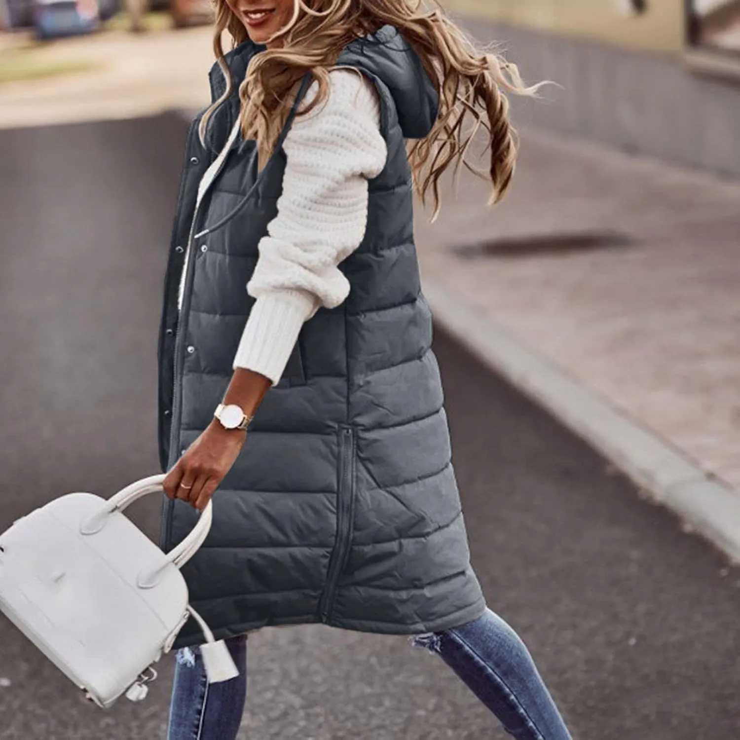 iLH Womens Sleeveless Long Coat Cotton Padded Full Zip Hooded Extra Long Vest with Pocket Windbreaker Jacket Coat for Women