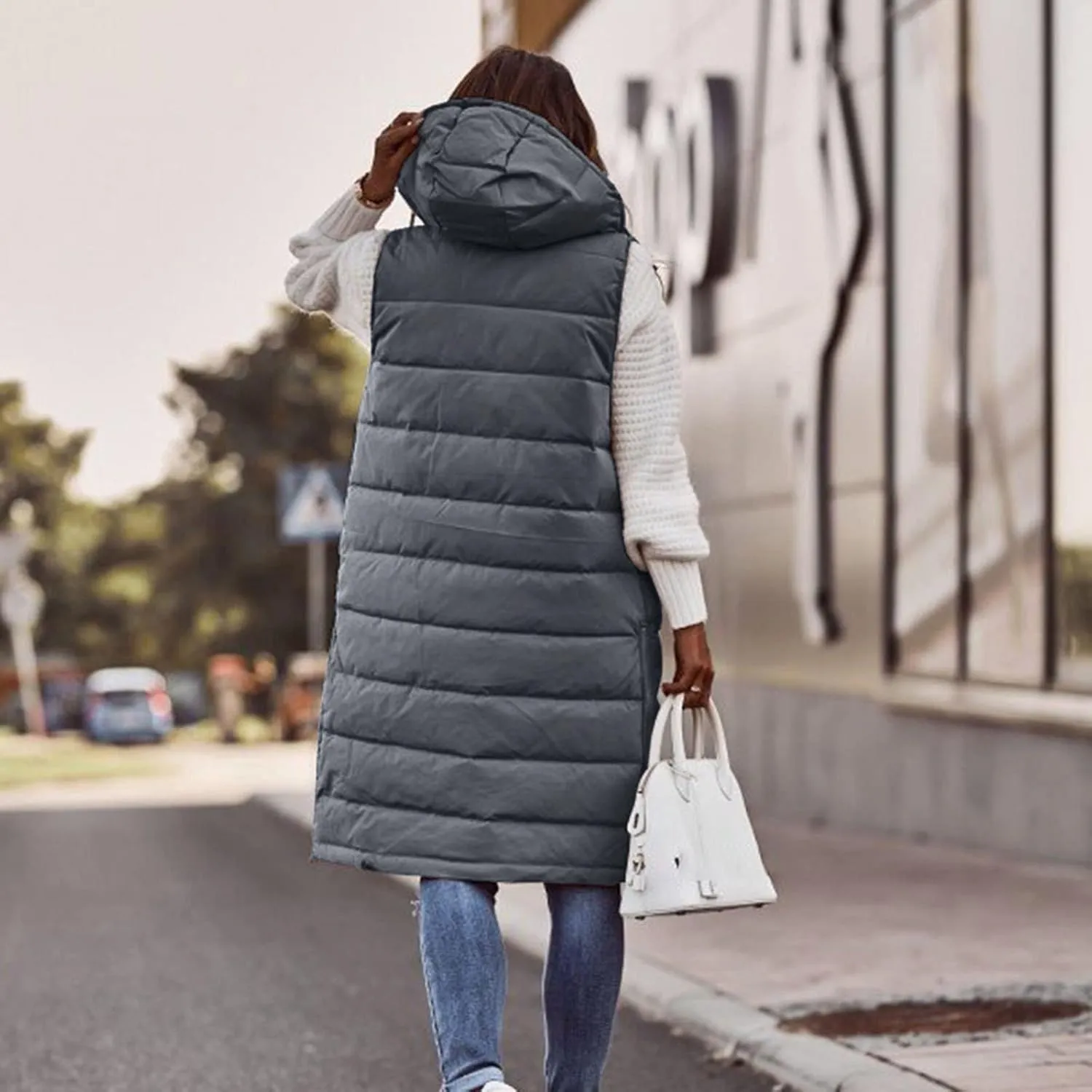 iLH Womens Sleeveless Long Coat Cotton Padded Full Zip Hooded Extra Long Vest with Pocket Windbreaker Jacket Coat for Women