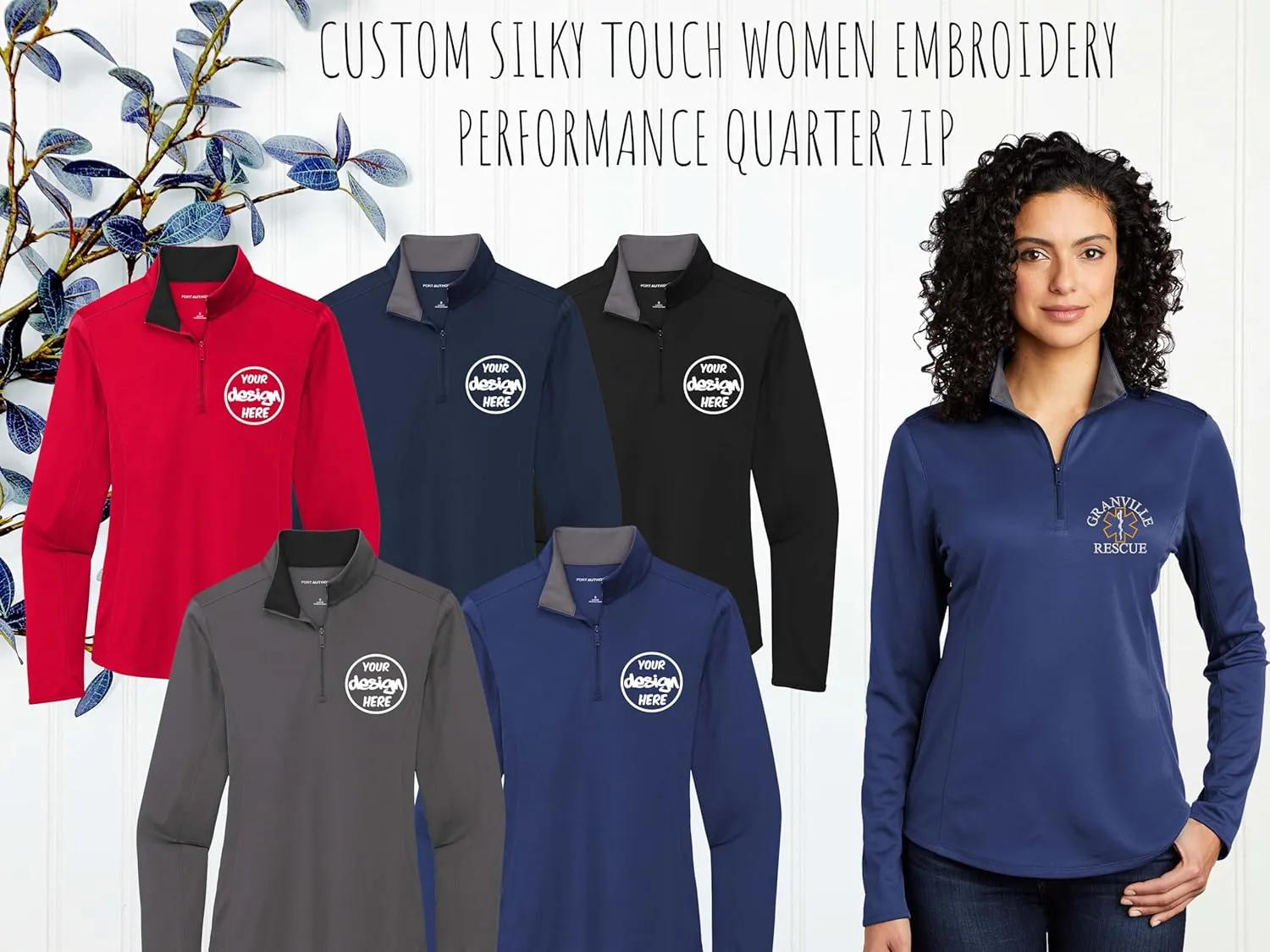 INK STITCH Women Lk584 Custom Embroidery Personalized Logo Texts Silk Touch Quarter Zip Pullover
